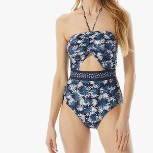 Michael Kors Palm Mix Bandeau Cutout One-Piece in New Navy size 4 NEW